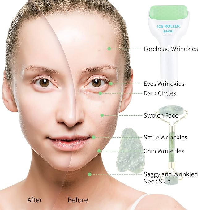 Facial Roller Set of 3, Ice Roller, Two-Sided Jade Roller and Gua Sha Massage - Image 3