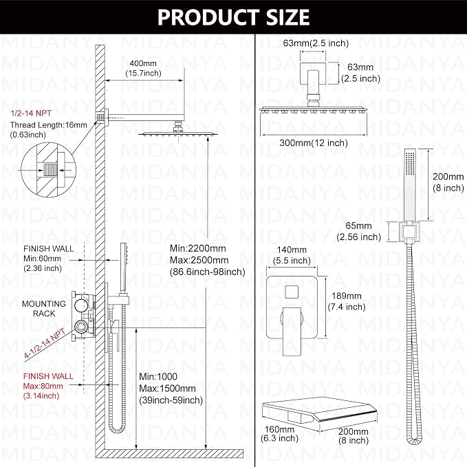 Midanya Shower System with Tub Spout, Bathtub Shower Faucet Set with Square - Image 5