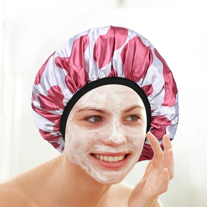 Hot Pink Cow Print Satin Shower Cap, Three-Layer Terry Cloth Lined, - Image 5