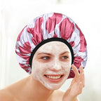 Hot Pink Cow Print Satin Shower Cap, Three-Layer Terry Cloth Lined, - Image 5