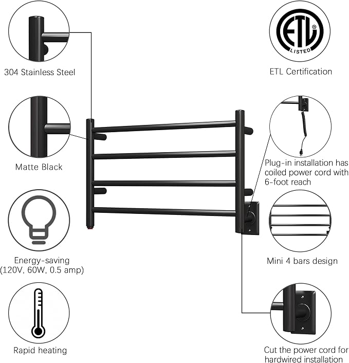 HEATGENE Towel Warmer 4 Bar Towel Dryer Wall-Mounted Plug-in Bath Towel Heater - Image 5