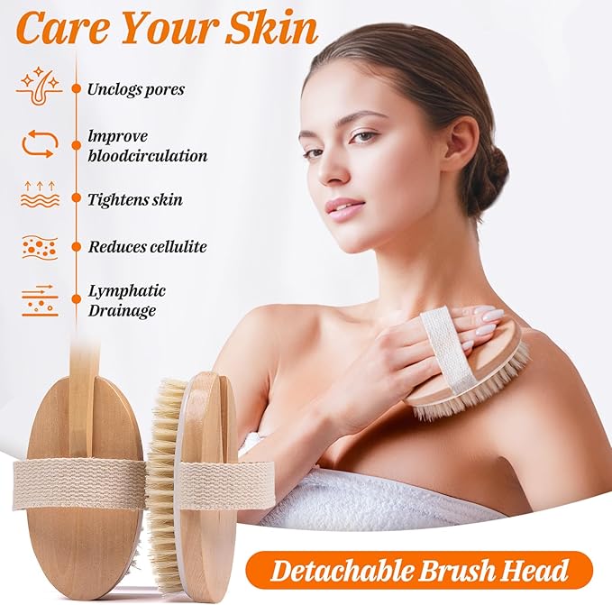 Wood Body Brush Set, 19.3’’ Long Handle Bath Body Back Scrubber Soft & Stiff - Image 4
