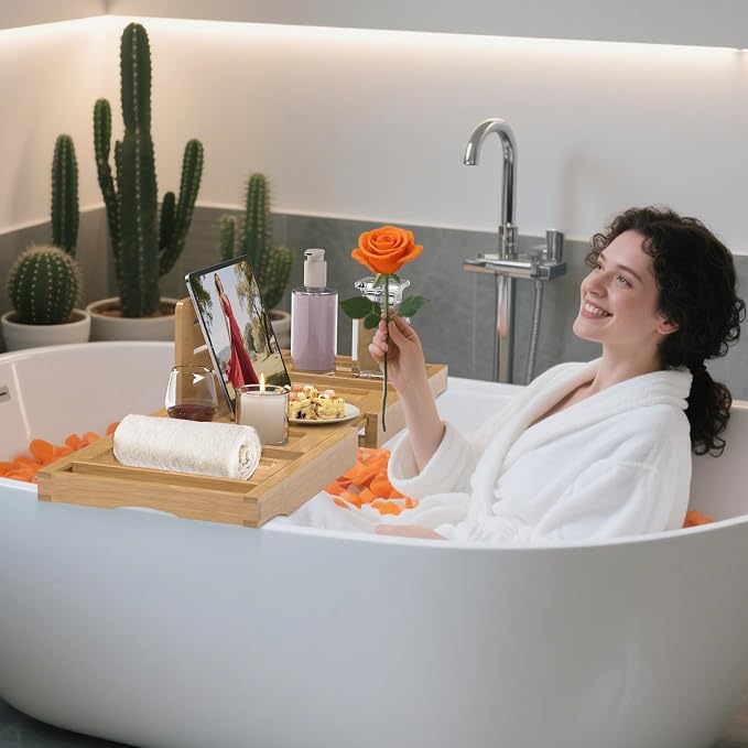 Bathtub Tray Caddy, Premium Bamboo Expandable Bath Tub Trays Table, Foldable - Image 7
