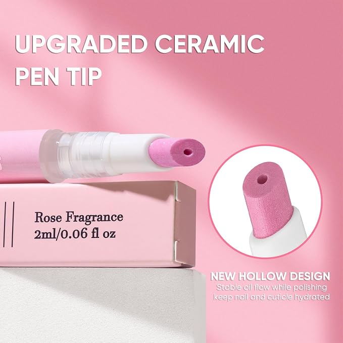 Ceramic Cuticle Pusher & Oil Pen, 2ml Rose + Fragrance Free Scented Nail Care - Image 2