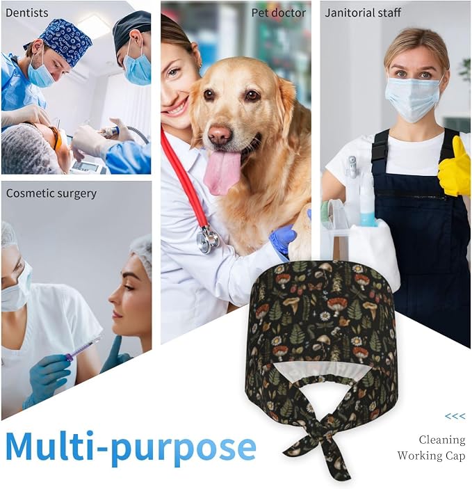 Scrub Cap for Women and Men Boho Black Leaf Pattern Adjustable Breathable - Image 7
