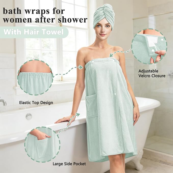 Women’s Adjustable Spa Wrap Towel Set, Microfiber Body Wrap Bathrobe - Image 3