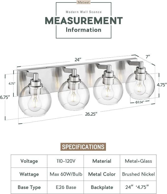 Bathroom Light Fixtures, 4 Light Brushed Nickel Vanity Light, 26 Inch Modern - Image 3