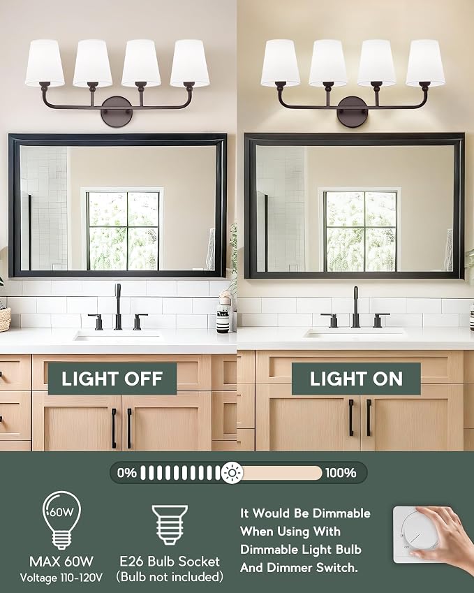 Bathroom Light Fixtures, 4 Light Oil Rubbed Bronze Vanity Lights - Image 4