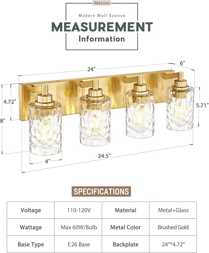 4-Light Bathroom Light Fixtures, 24.5 Inch Brushed Gold Vanity Lights - Image 2