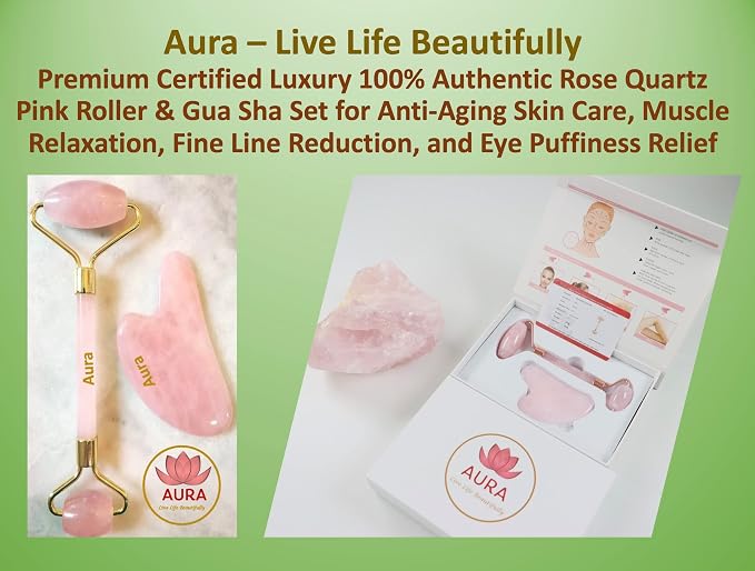 Premium Certified Luxury 100% Authentic Rose Quartz Pink Roller & Gua Sha Set - Image 2