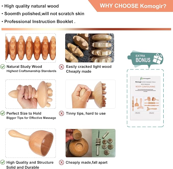 Komogir Wood Therapy Massage Tools 5-in-1 Lymphatic Drainage Massager - Image 2