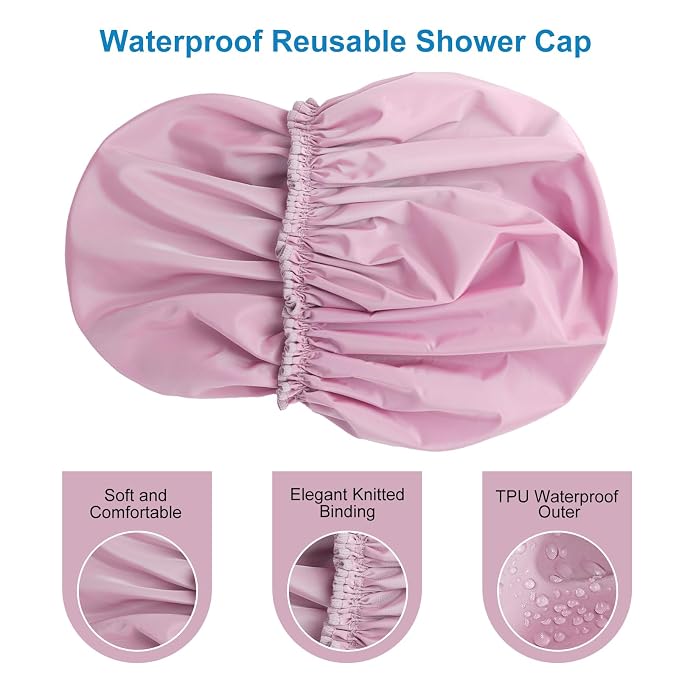 Shower Cap for Women, Double Layer Waterproof Bath Cap, Reusable Hair Protector - Image 5