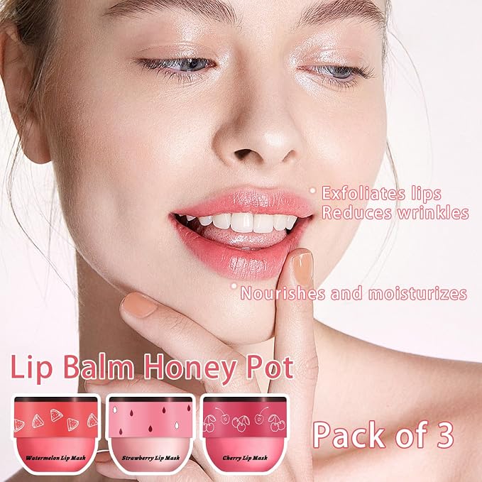 3 PCS Bee Lip Balm Honey Pot, Watermelon & Cherry & Strawberry Lip Mask - Image 2