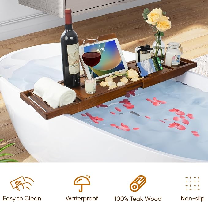 Kiasthome Teak Bathtub Caddy, Expandable Bath Tray, Non‑Slip Luxury Tub Caddy - Image 6