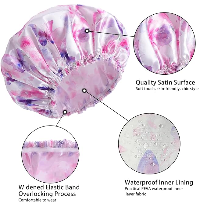 4 PCS Shower Cap for Women, Elastic and Reusable Bath Caps, Double Layers - Image 6