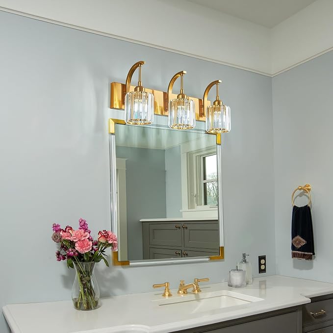3-Light Crystal Vanity Light, Modern Gold Bathroom Wall Sconce - Image 3