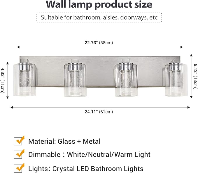 Brushed Nickel 4-Light Vanity Light, Crystal Bubble Glass - Image 5