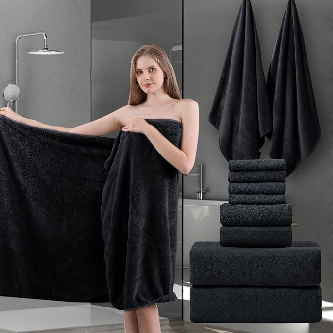 8-Piece Black Bath Towels Set, 2 Oversized Large Bath Towels Sheet, 2 Hand by Ycosy