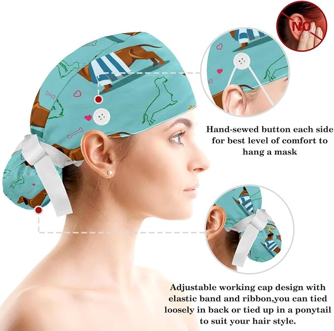 Adjustable Brown Dachshund Dog Blue Surgical Scrub Cap - Image 3
