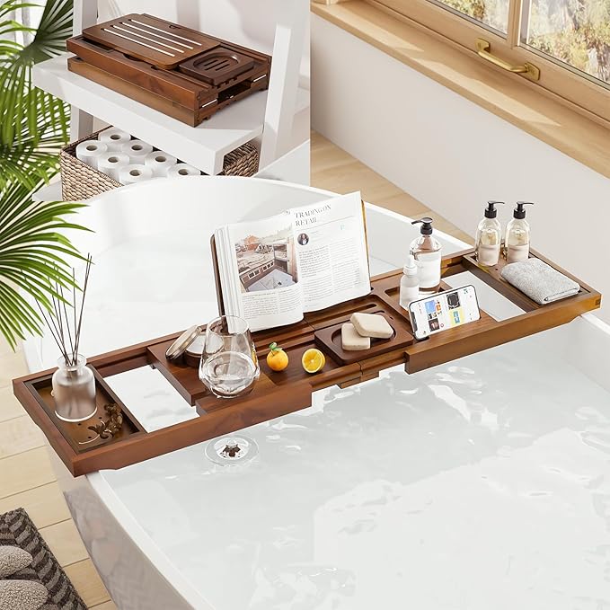 Premium Foldable Teak Bathtub Tray, Expandable Bath Tray - Image 2
