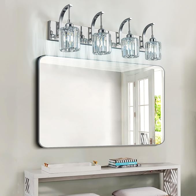 4-Light Crystal Vanity Light, Modern Chrome Bathroom Wall Sconce - Image 3