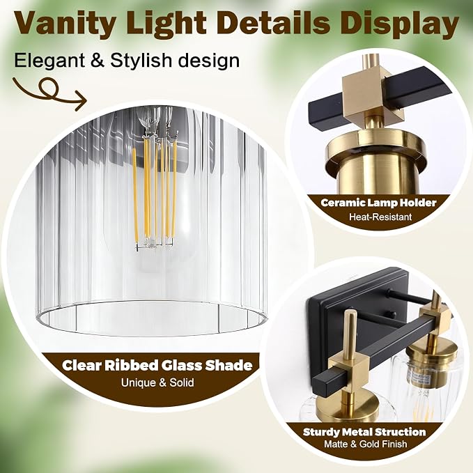 Asnxcju 3-Light Black and Gold Bathroom Light Fixtures, Vanity Lights - Image 3