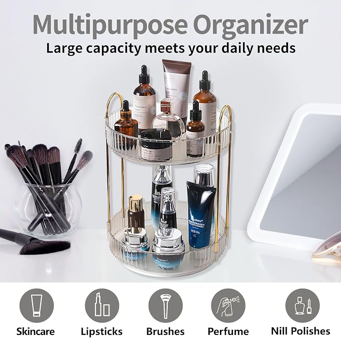 Asayuee 360 Rotating Makeup Organizer, 2 Tier Large Capacity Make Up Organizers - Image 7
