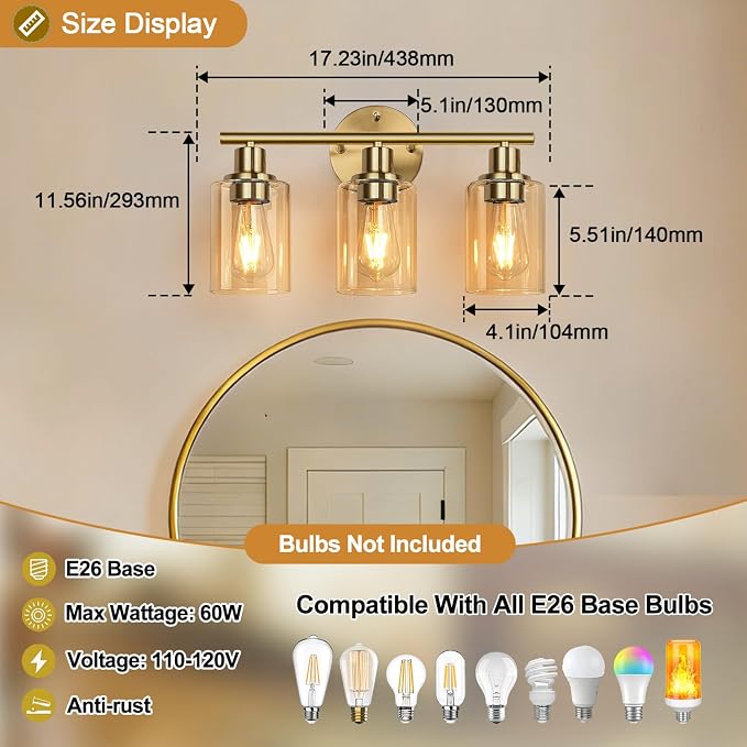 Zarbitta 3-Light Bathroom Light Fixtures, Brushed Gold Vanity Light, Farmhouse - Image 8