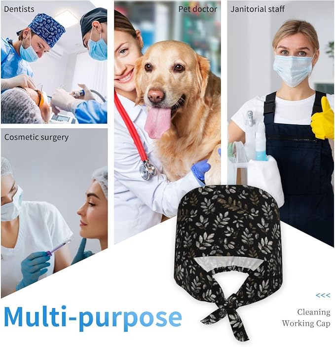 Scrub Cap for Women and Men Boho Black Leaf Pattern Adjustable Breathable - Image 7
