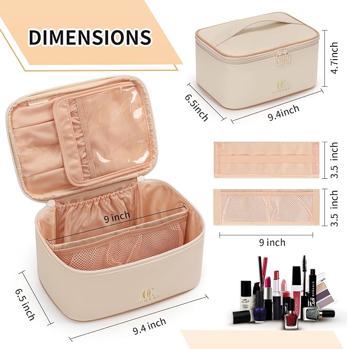 OCHEAL Beige Makeup Bag, Travel Makeup Organizer Bag, Large Capacity Cosmetic - Image 7