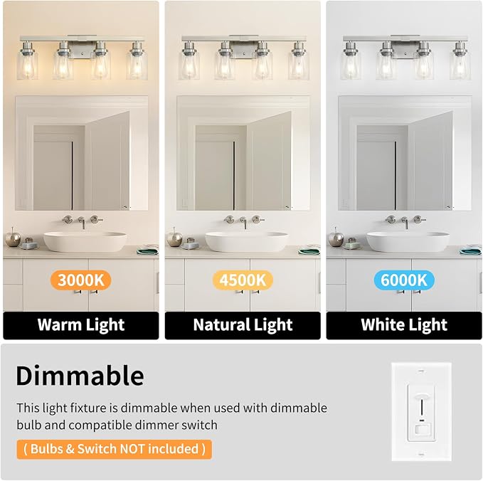 Bathroom Vanity Light, 4-Light Nickel Modern Matte Wall Sconce Lighting - Image 7