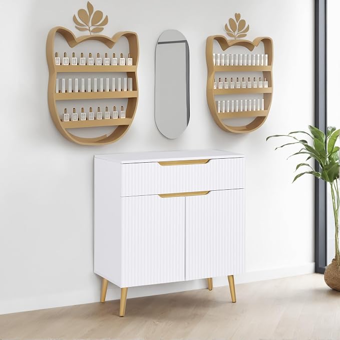 BarberPub Barber Station with Drawer & Cabinet, Beauty Salon White Storage - Image 2