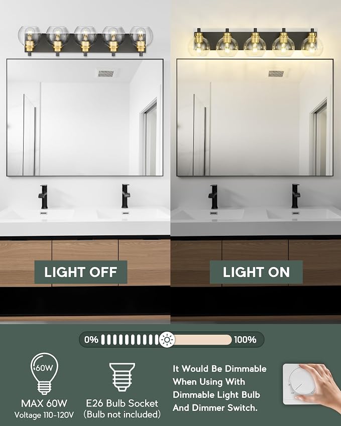 Bathroom Light Fixtures, 5-Light Black and Gold Bathroom Vanity Light, 32 Inch - Image 6