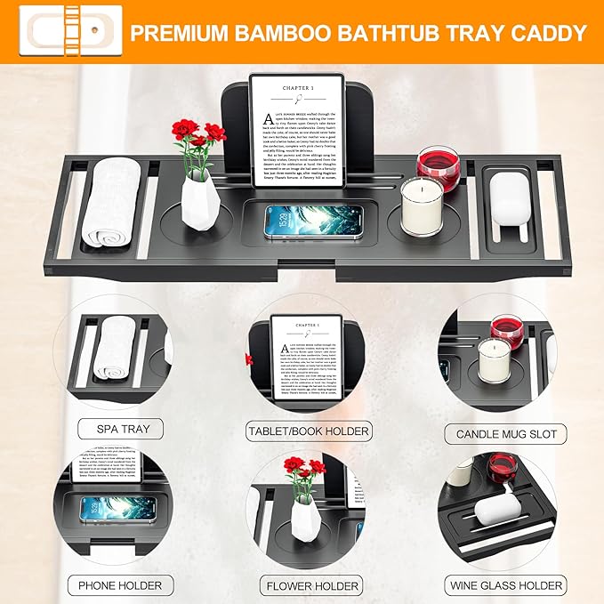 Bathtub Tray Caddy Black- Bath Tray Black - Image 2