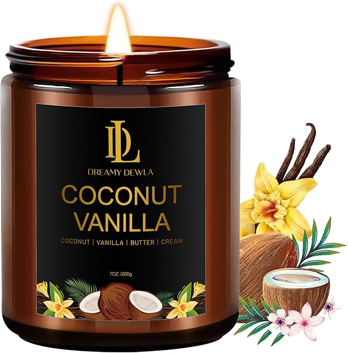 Coconut Vanilla Candles, 7oz Vanilla Coconut Scented Candle, Natural Soy Candles by DLDREAMYDEWLA