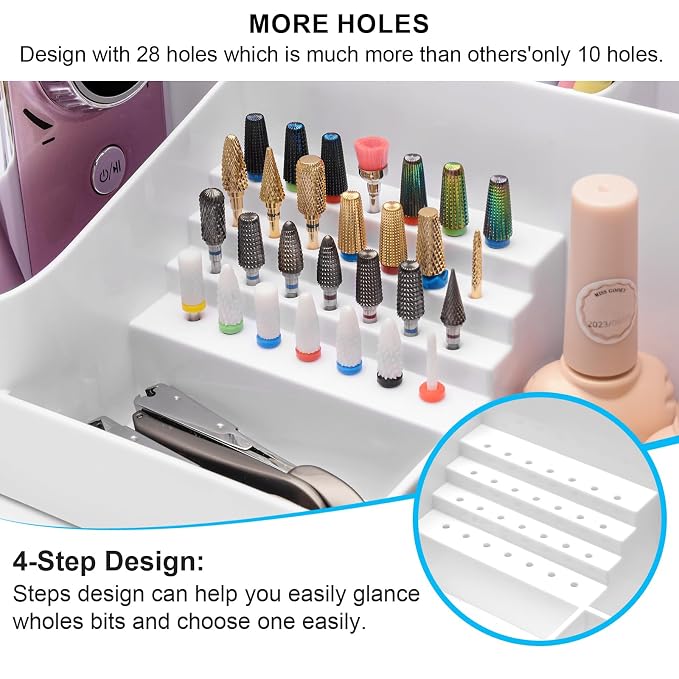 ANRUI Nail Drill Machine & Bits Storage Box, Plastic Nail desk organizer of 28 - Image 3