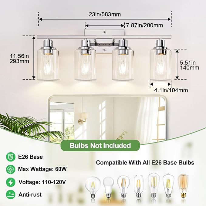 Indoi 4 Light Bathroom Light Fixtures, Chrome Vanity Lights - Image 8