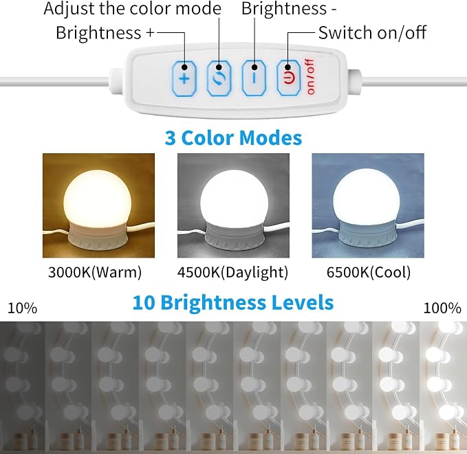 LED Vanity Mirror Lights with 12 Stick On Dimmable Bulbs, 3000K 4500K 6500K & - Image 2