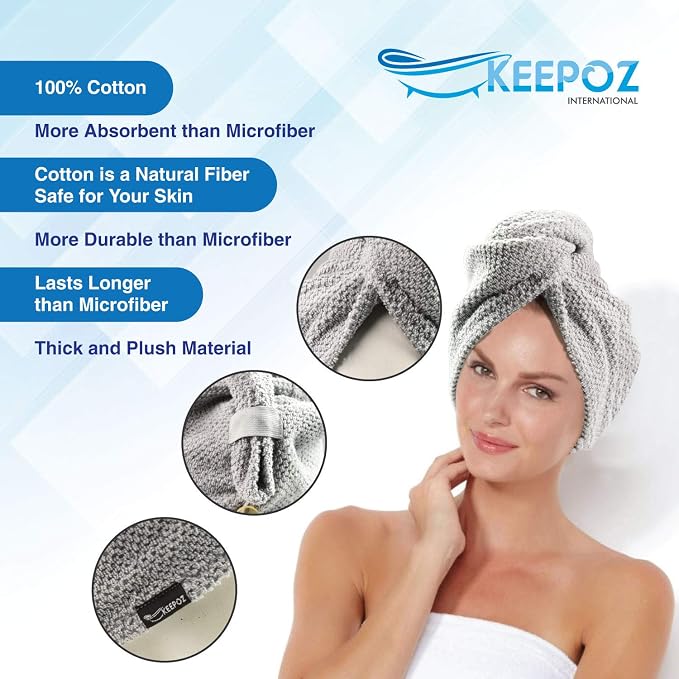KEEPOZ Hair Towel Wrap Quick Dry 100% Cotton Super Absorbent Turban Head Wrap - Image 3