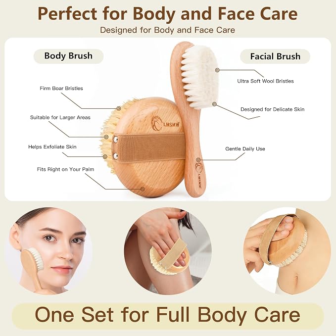 Dry Brushing Body Brush Set for Body and Face, Boar Bristle Body Scrub Brush - Image 4