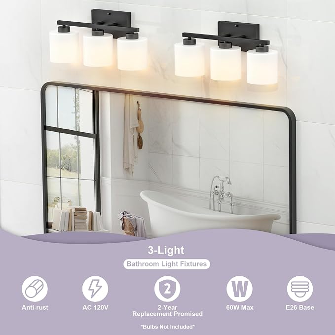 Honesorn Bathroom Light Fixtures Black, 3-Light Bathroom Vanity Light Over - Image 3