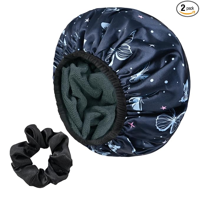 Blue Butterfly Print Satin Shower Cap, Three-Layer Terry Cloth Lined, by Yonchic