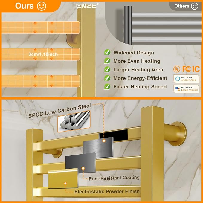 ENZE Smart Heated Towel Rack, 12-Bar Wall-Mounted Electric Towel Warmer 320W - Image 6