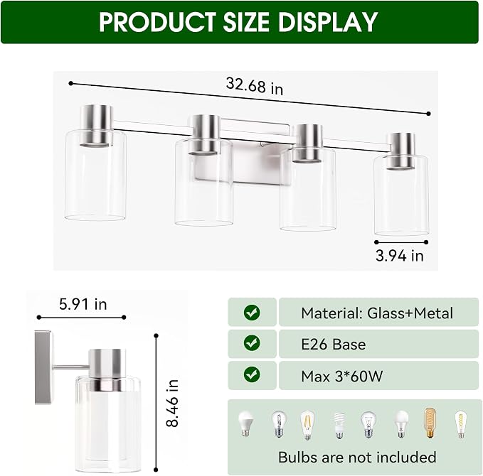 4-Light Modern Vanity Light Fixtures Over Mirror, Brushed Nickel Bathroom Light - Image 4