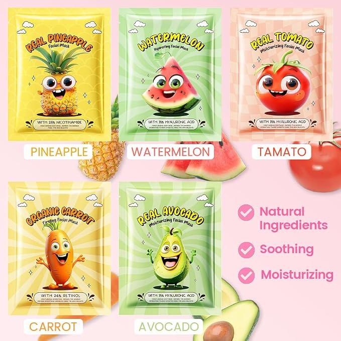 Kaely 10 Pack Fruit Face Masks for Kids, Kids Face Mask Spa Day Kit Supplies - Image 2