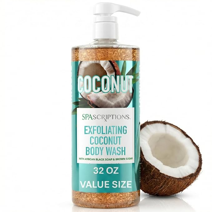 SpaScriptions Exfoliating Coconut Body Wash - 32 oz Scented Moisturizing Body by Spascriptions
