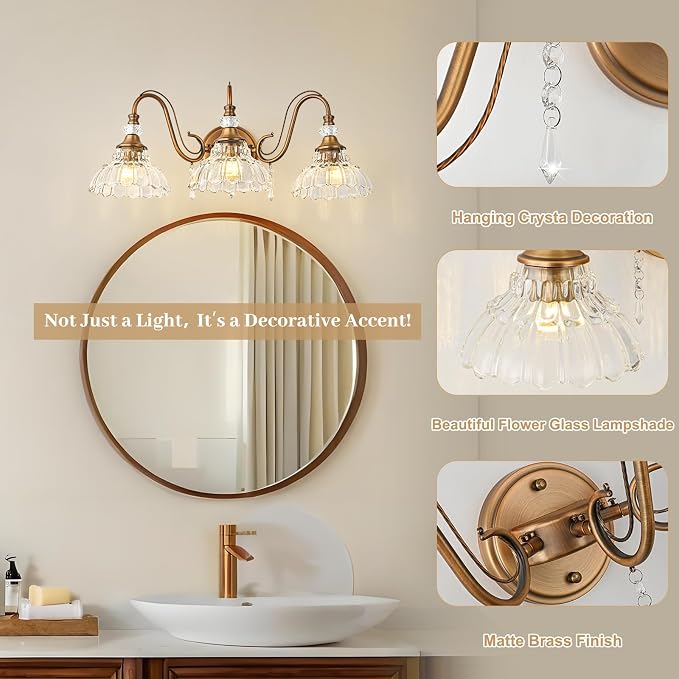 Vintage Bathroom Vanity Light, 3-Light Matte Antique Brass Finish Wall Sconce - Image 4