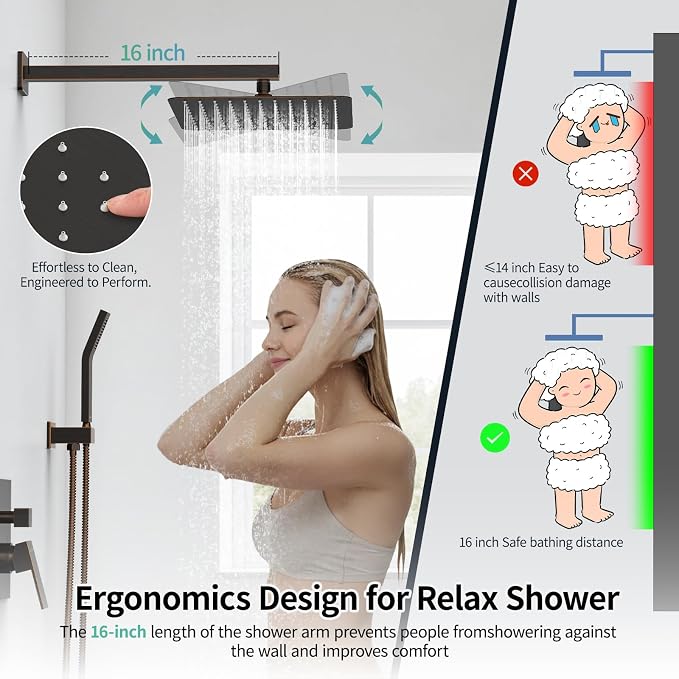 SR SUN RISE ORB Square Rainfall Shower Head and Handle Set, Wall Mounted Shower - Image 5