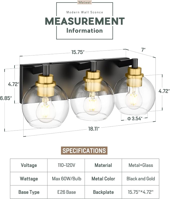 Bathroom Light Fixtures, 3-Light Black and Gold Bathroom Vanity Light, Modern - Image 2