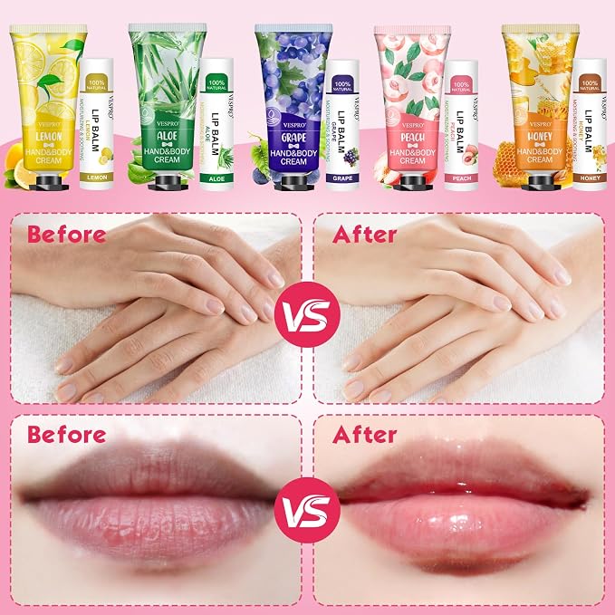 VESPRO 10 Pack Bulk Hand Cream and Lip Balm Sets, Mothers Day Gifts - Image 3